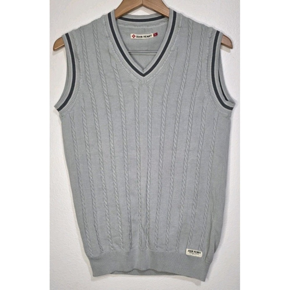 John Henry Sweater Vest Pima Knit VNeck Italy Made Gray Office Career Preppy Lrg